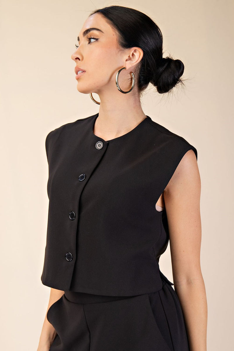BUTTON UP VEST TOP--BLACK