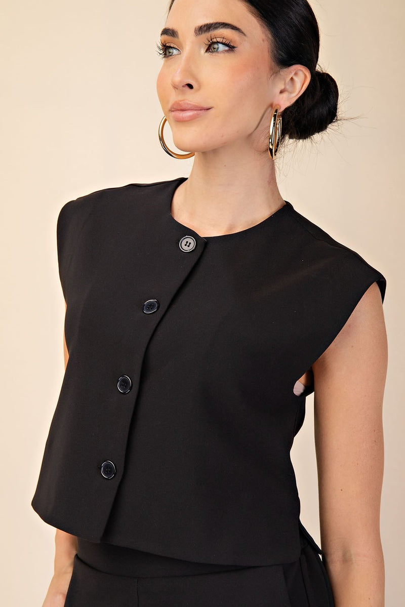 BUTTON UP VEST TOP--BLACK