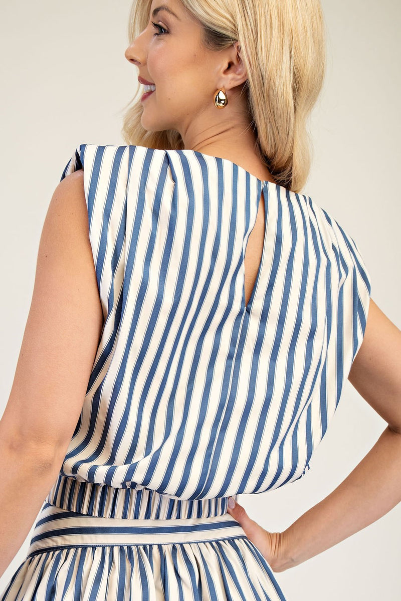 STRIPED SLEEVELESS TOP WITH SHOULDER PADS--BLUE