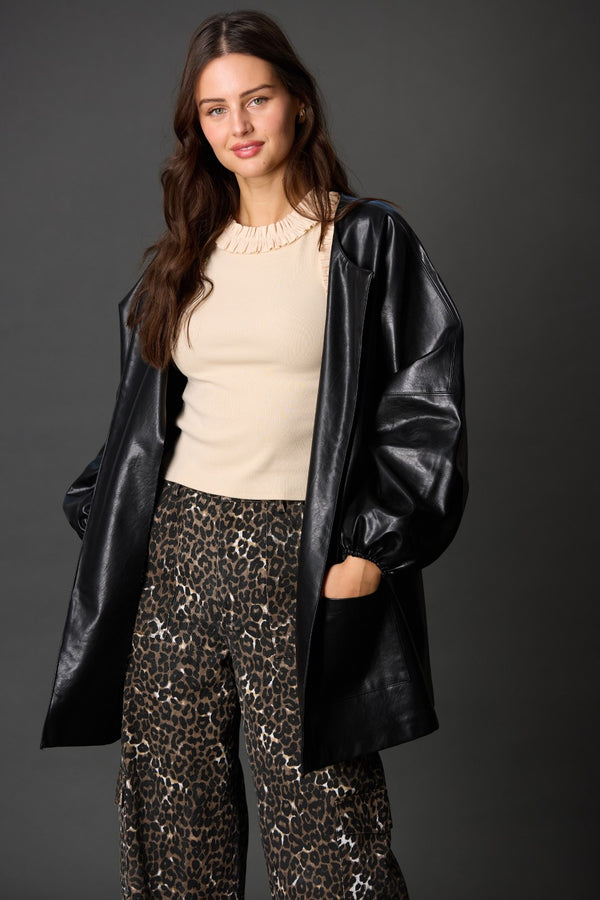 FAUX LEATHER BILLOWY SLEEVE JACKET--BLACK