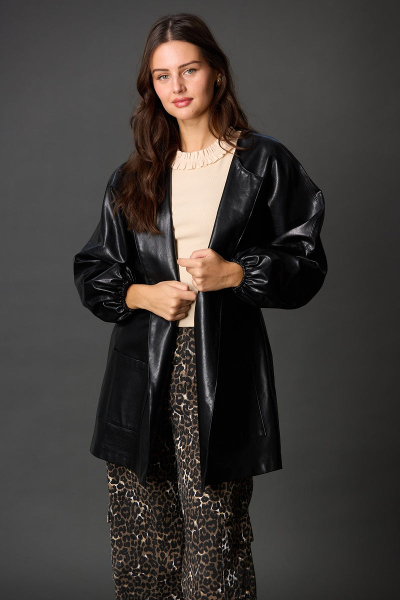 FAUX LEATHER BILLOWY SLEEVE JACKET--BLACK