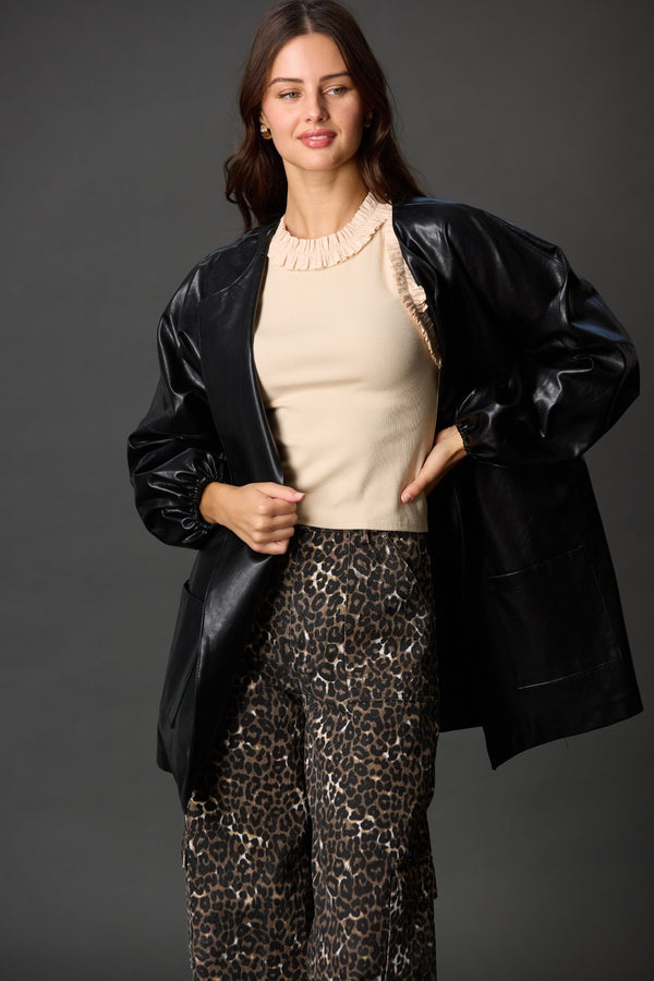 FAUX LEATHER BILLOWY SLEEVE JACKET--BLACK
