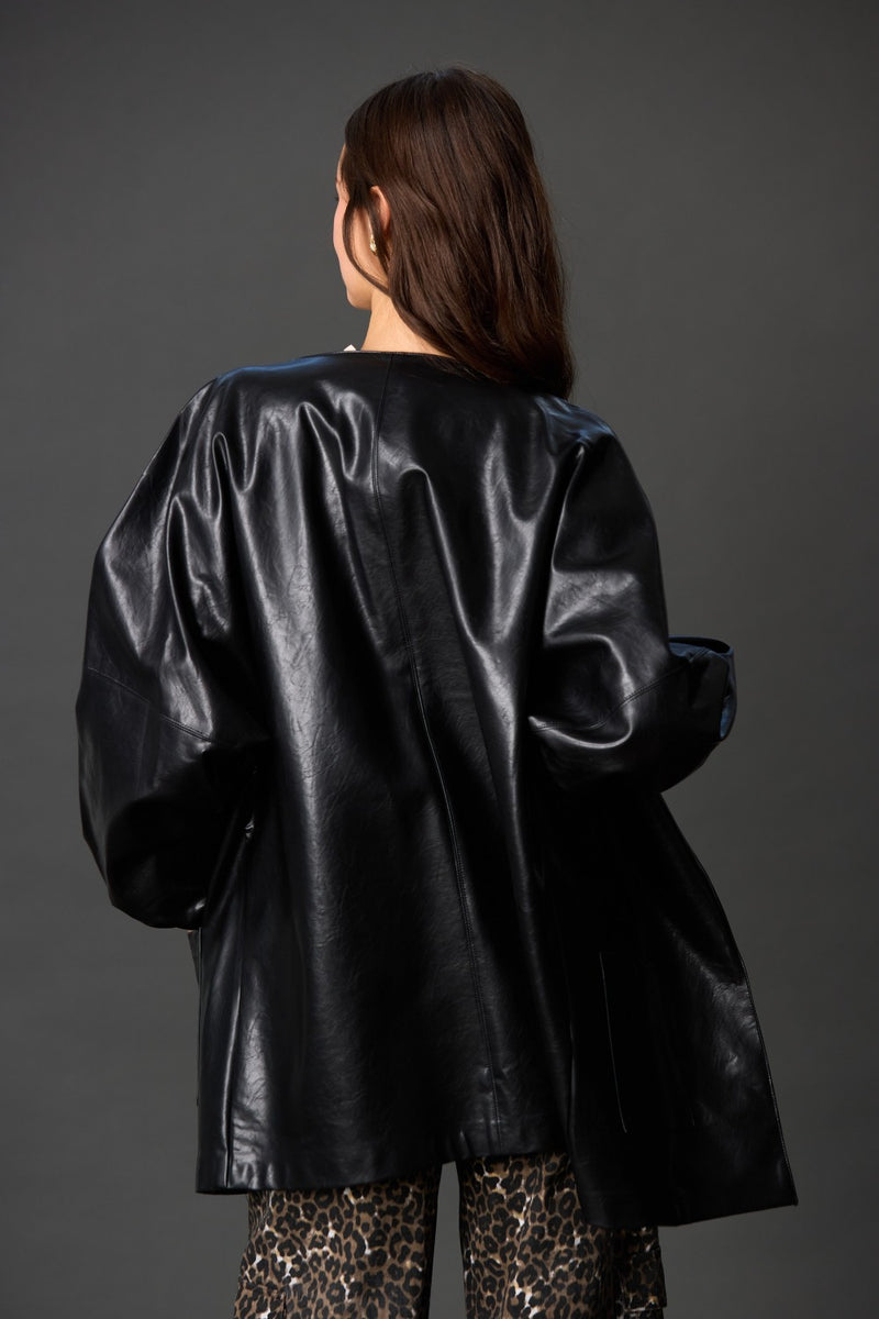 FAUX LEATHER BILLOWY SLEEVE JACKET--BLACK