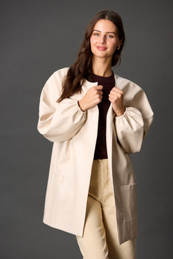 FAUX LEATHER BILLOW SLEEVE JACKET--CREAM