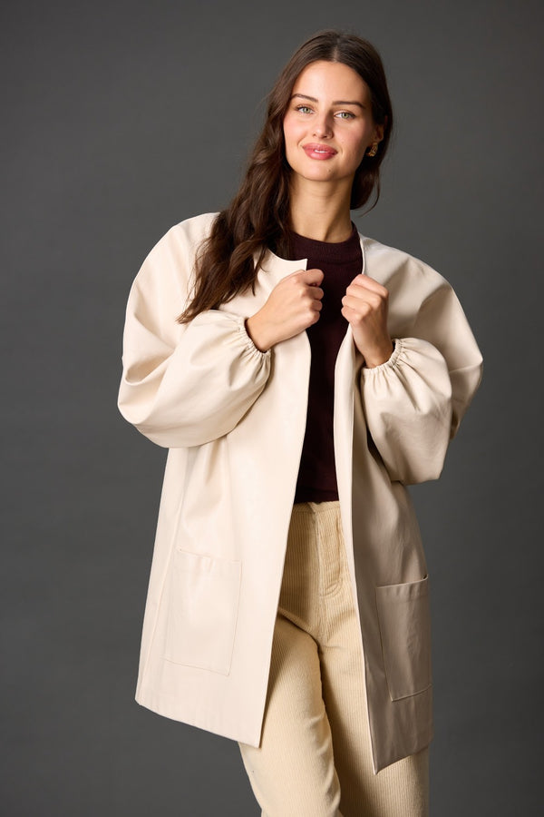 FAUX LEATHER BILLOW SLEEVE JACKET--CREAM