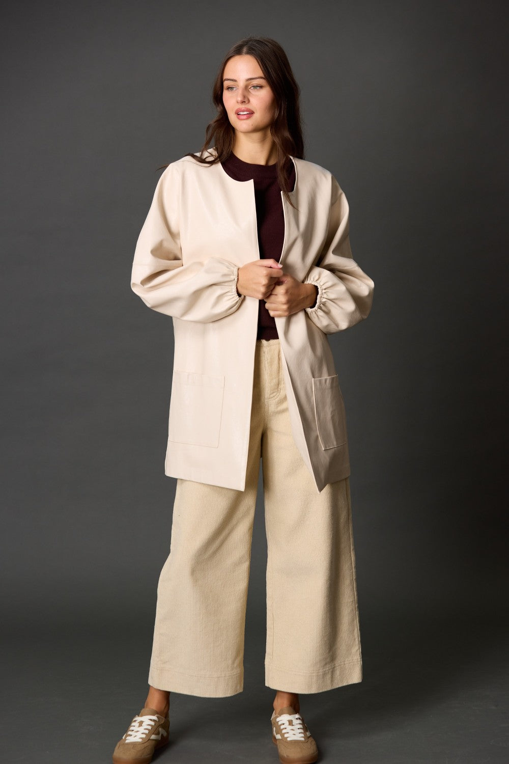 FAUX LEATHER BILLOW SLEEVE JACKET--CREAM