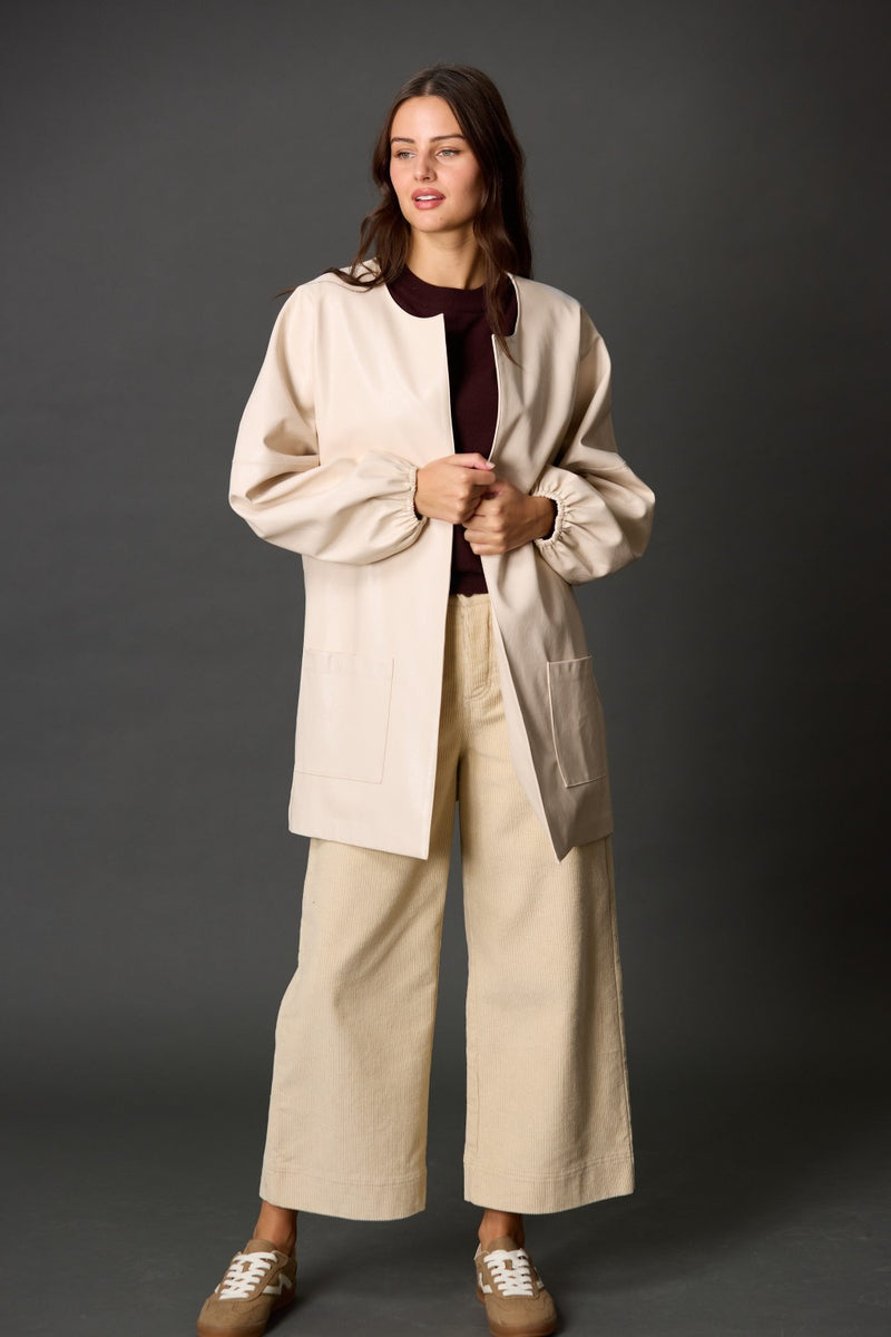 FAUX LEATHER BILLOW SLEEVE JACKET--CREAM