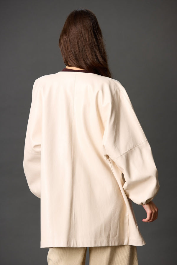 FAUX LEATHER BILLOW SLEEVE JACKET--CREAM
