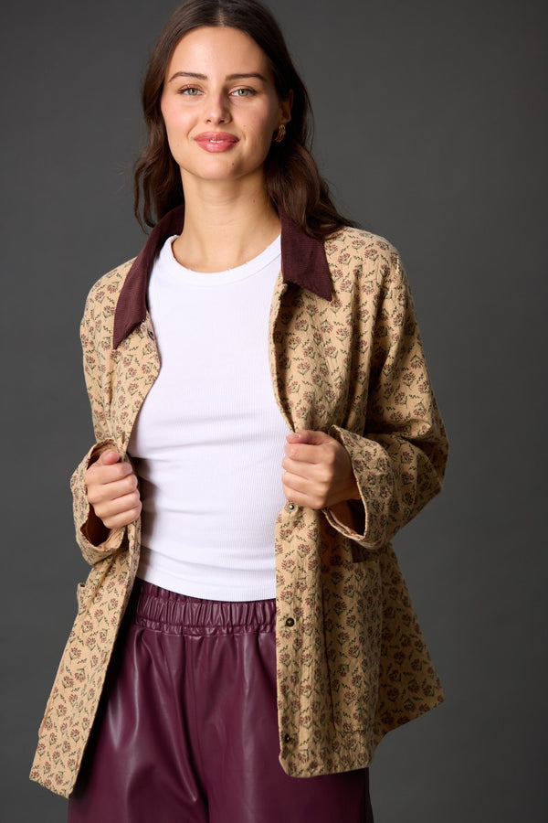 PRINT COTTON JACKET WITH CORDUROY COLLAR--MOCHA