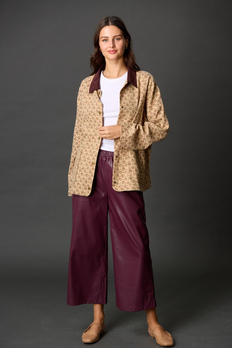 PRINT COTTON JACKET WITH CORDUROY COLLAR--MOCHA