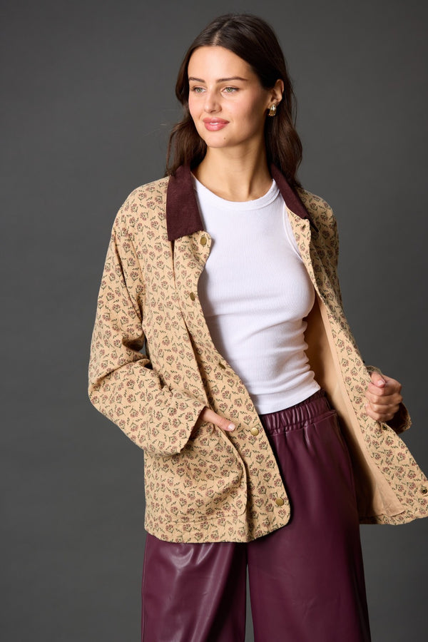 PRINT COTTON JACKET WITH CORDUROY COLLAR--MOCHA