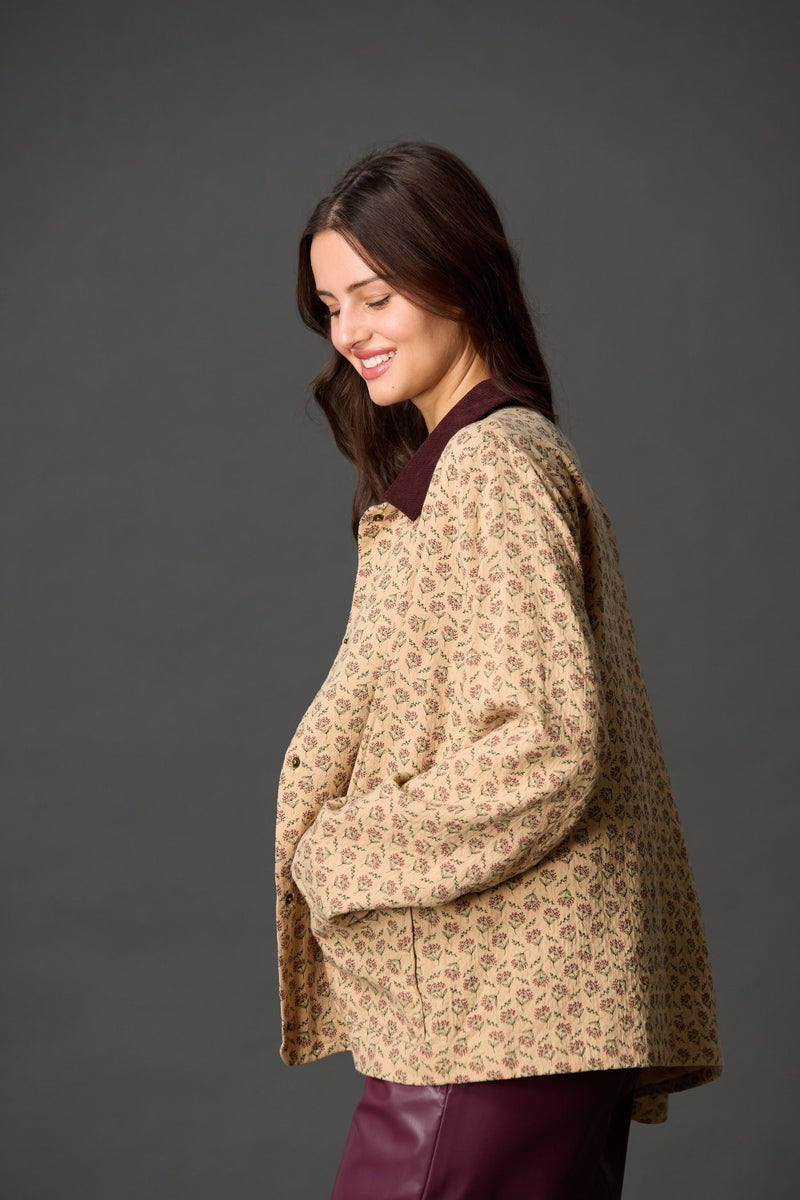 PRINT COTTON JACKET WITH CORDUROY COLLAR--MOCHA