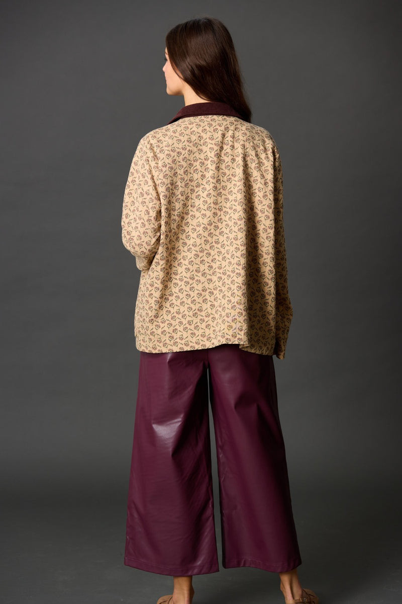 PRINT COTTON JACKET WITH CORDUROY COLLAR--MOCHA