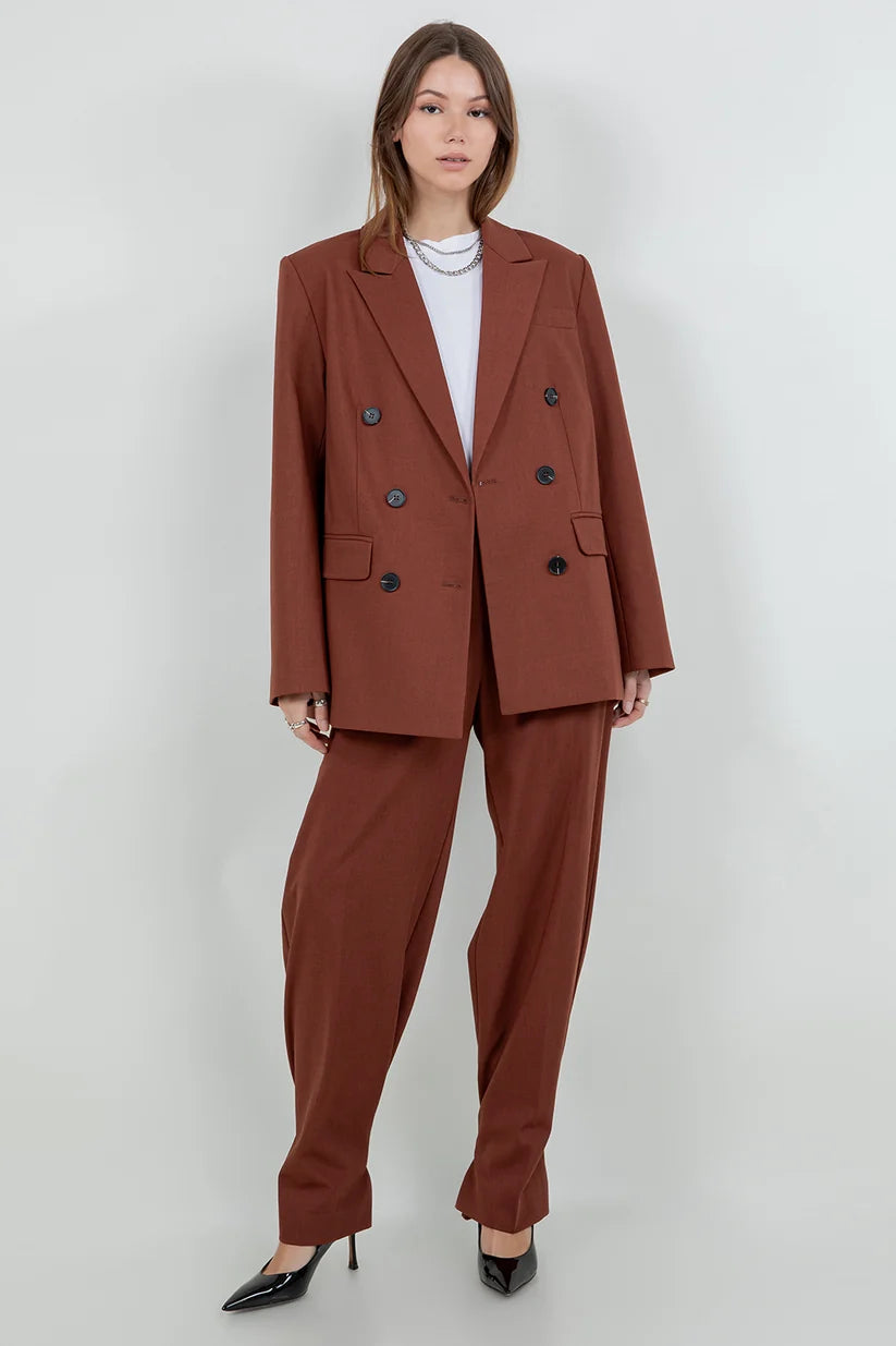 WOVEN OVERSIZED DOUBLE BREASTED BLAZER--BRICK