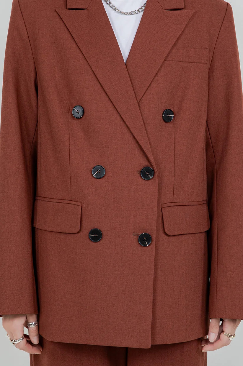 WOVEN OVERSIZED DOUBLE BREASTED BLAZER--BRICK