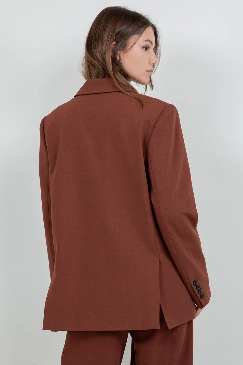 WOVEN OVERSIZED DOUBLE BREASTED BLAZER--BRICK