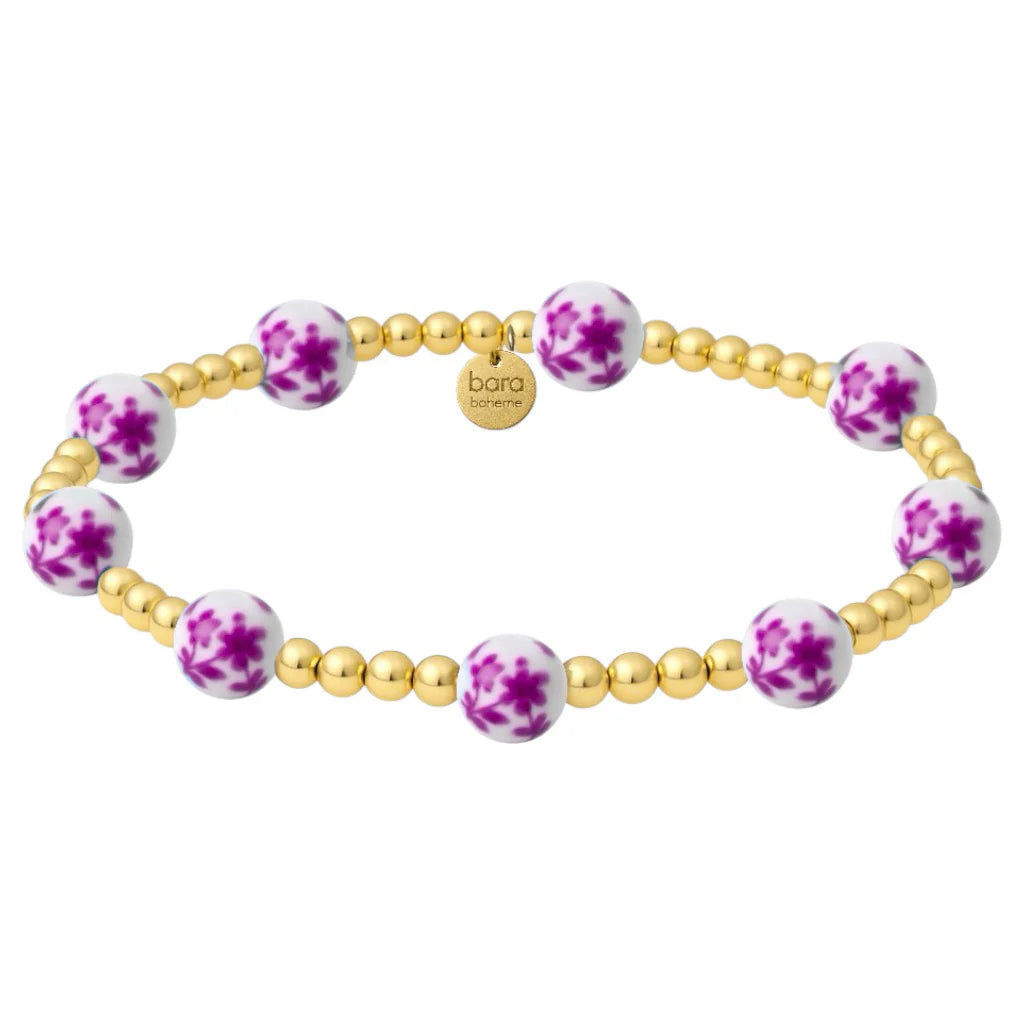 ORCHID GOLD FILLED BEADED BRACELET WITH PORCELAIN--PINK