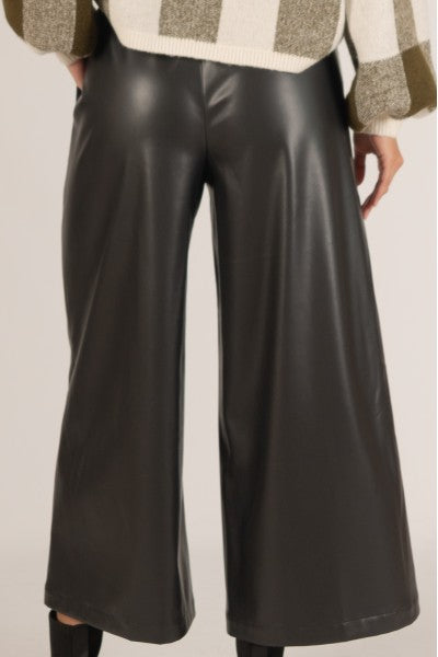 CITY GIRL FAUX LEATHER WIDE LEG PANTS--BLACK