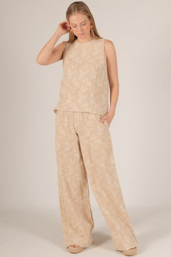 LINEN BLEND LEAF PRINT WIDE LEG PANTS--SAND