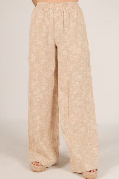 LINEN BLEND LEAF PRINT WIDE LEG PANTS--SAND