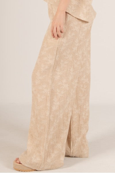 LINEN BLEND LEAF PRINT WIDE LEG PANTS--SAND