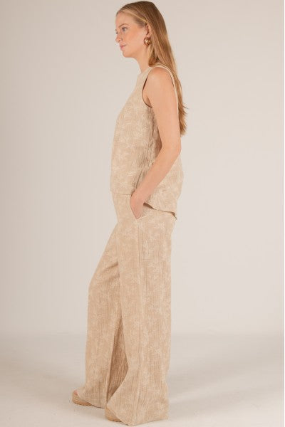 LINEN BLEND LEAF PRINT WIDE LEG PANTS--SAND