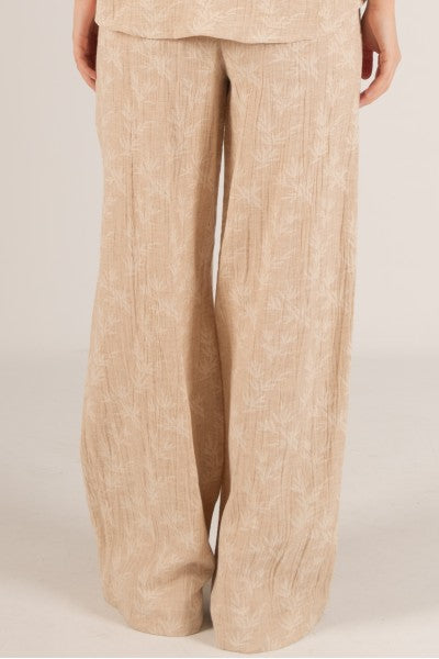 LINEN BLEND LEAF PRINT WIDE LEG PANTS--SAND