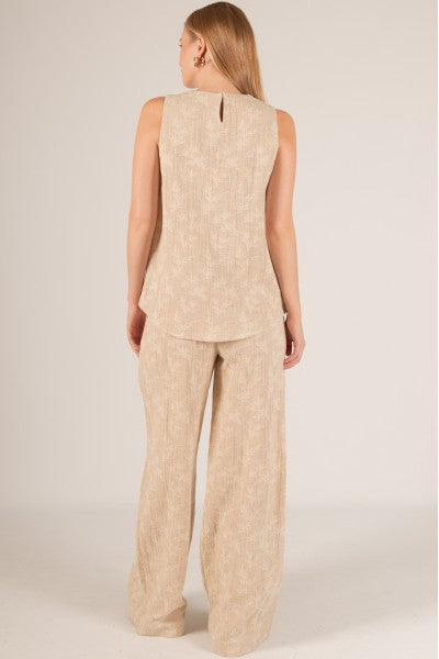 LINEN BLEND LEAF PRINT WIDE LEG PANTS--SAND