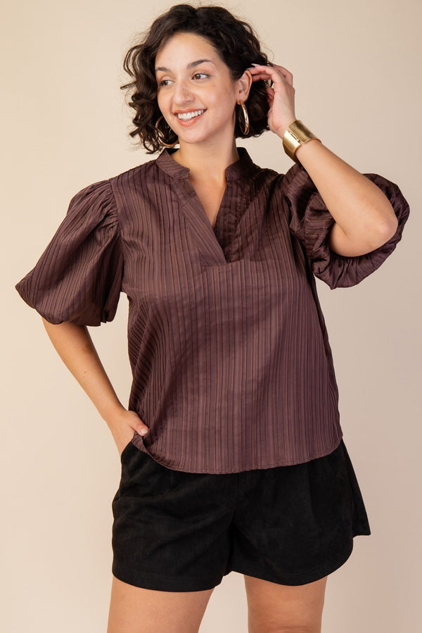 CURVY EVER SO MUCH PUFF SLEEVE TOP--BROWN