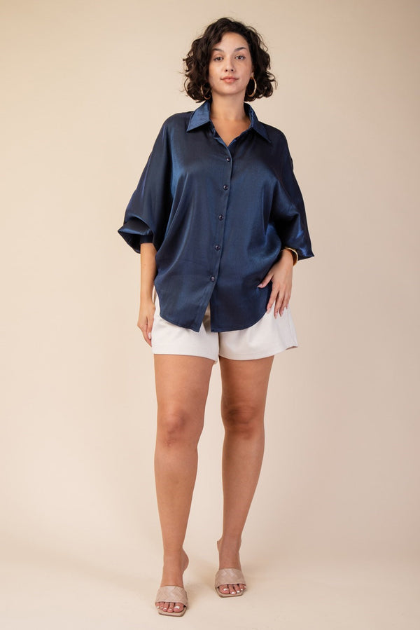 CURVY TAKE ON ME VOLUMINOUS SLEEVE TOP--NAVY