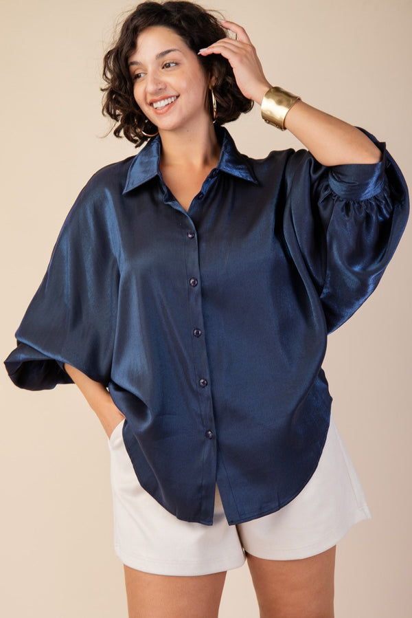 CURVY TAKE ON ME VOLUMINOUS SLEEVE TOP--NAVY