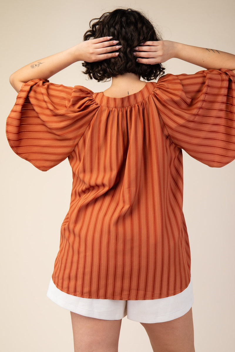 CURVY FALL FOR YOU WIDE SLEEVE STRIPE TOP--RUST