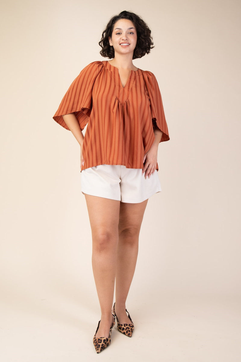 CURVY FALL FOR YOU WIDE SLEEVE STRIPE TOP--RUST