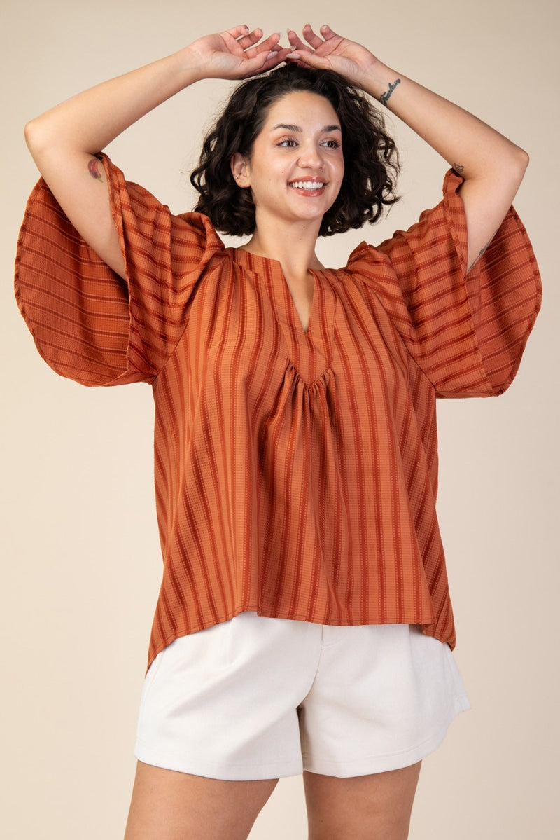 CURVY FALL FOR YOU WIDE SLEEVE STRIPE TOP--RUST