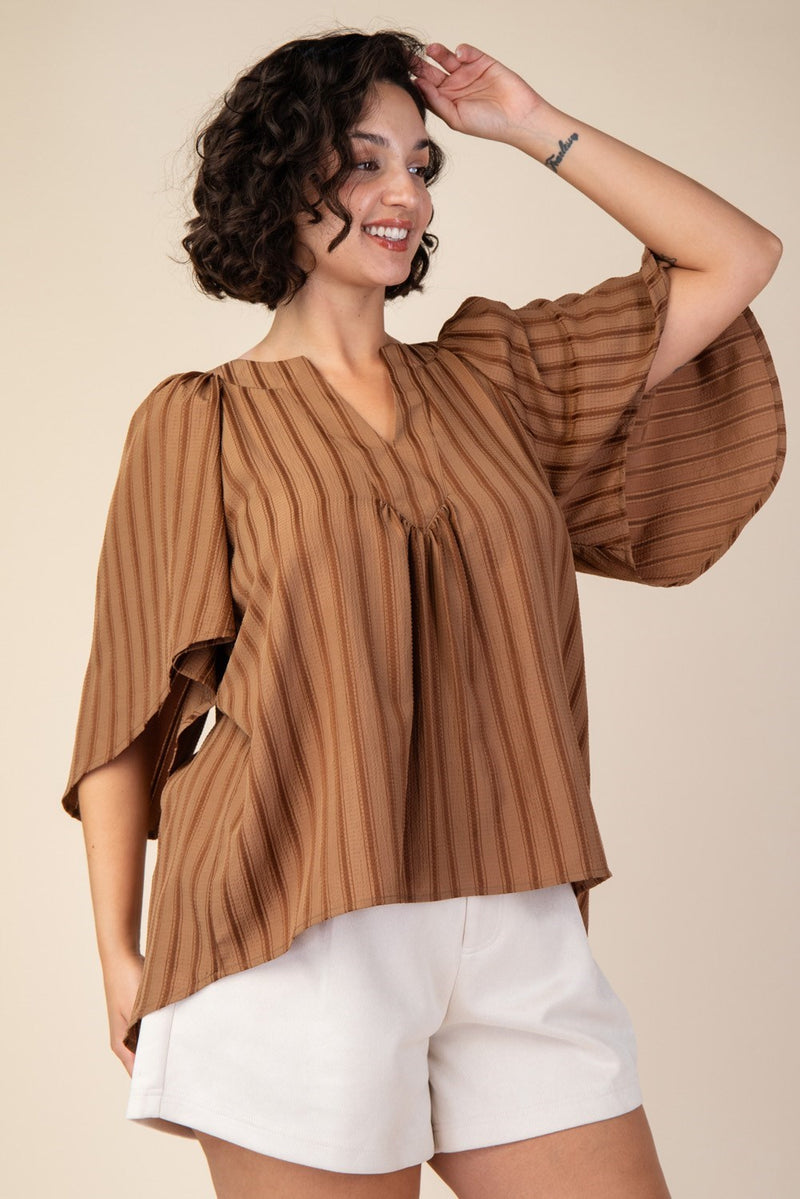 CURVY FALL FOR YOU WIDE SLEEVE STRIPE TOP--BROWN