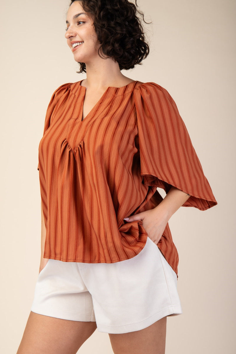 CURVY FALL FOR YOU WIDE SLEEVE STRIPE TOP--RUST