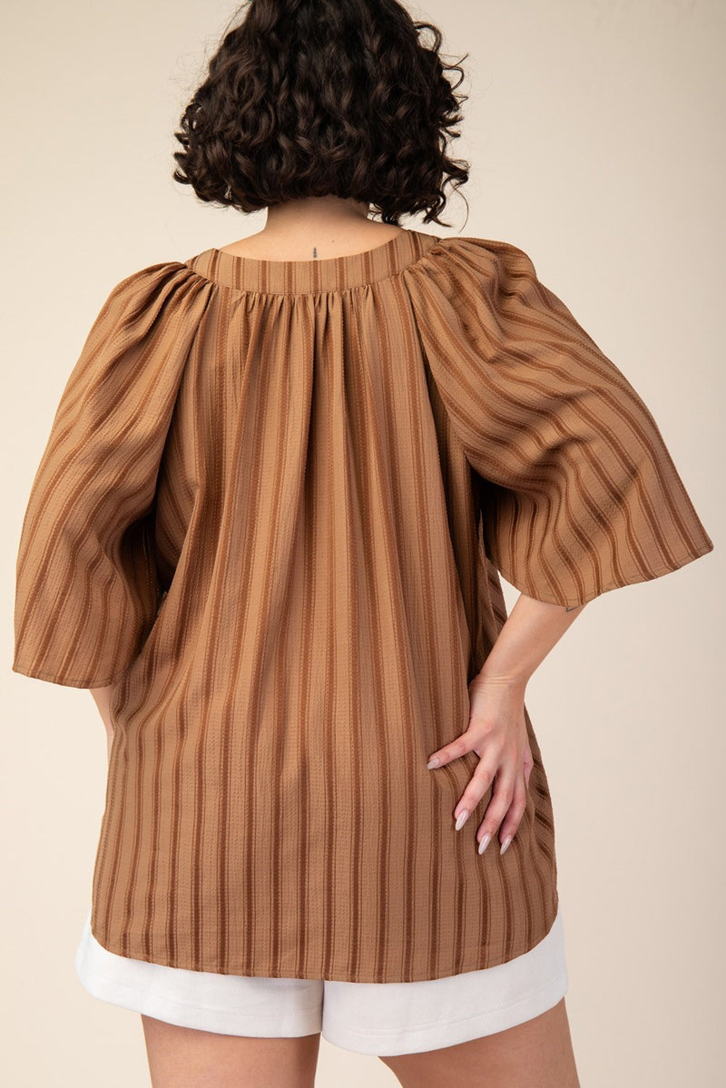 CURVY FALL FOR YOU WIDE SLEEVE STRIPE TOP--BROWN