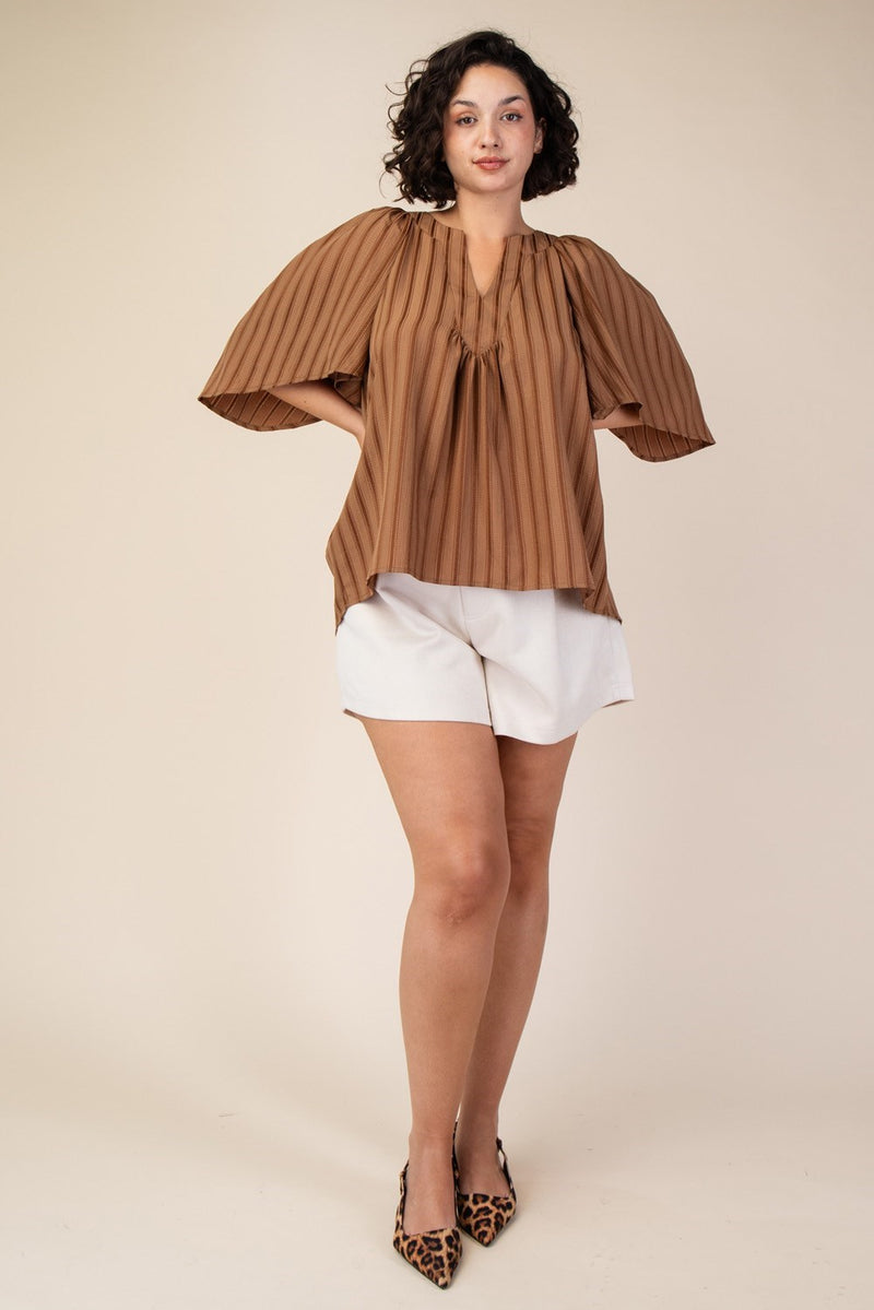 CURVY FALL FOR YOU WIDE SLEEVE STRIPE TOP--BROWN