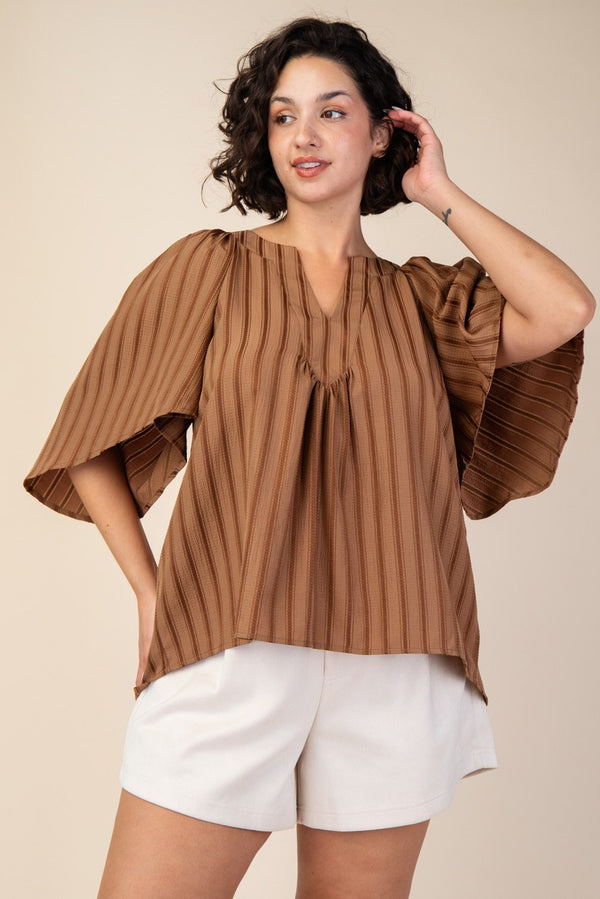 CURVY FALL FOR YOU WIDE SLEEVE STRIPE TOP--BROWN