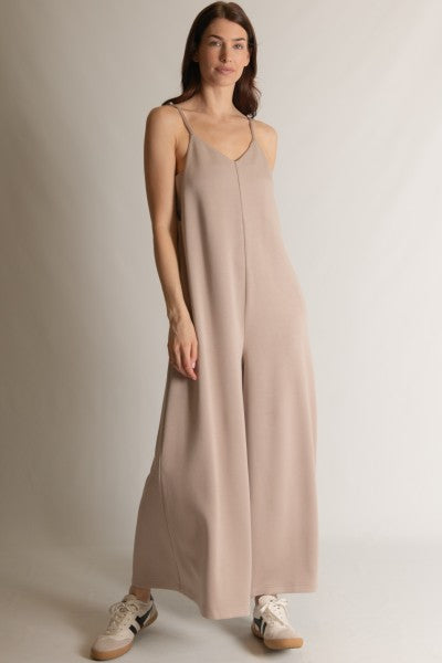 SCUBA MODAL WIDE LEG JUMPSUIT--TAUPE