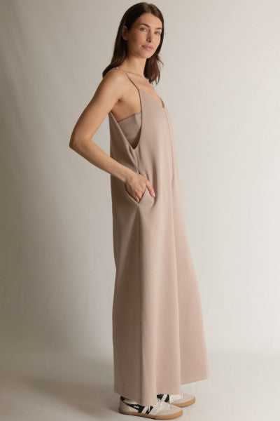 SCUBA MODAL WIDE LEG JUMPSUIT--TAUPE