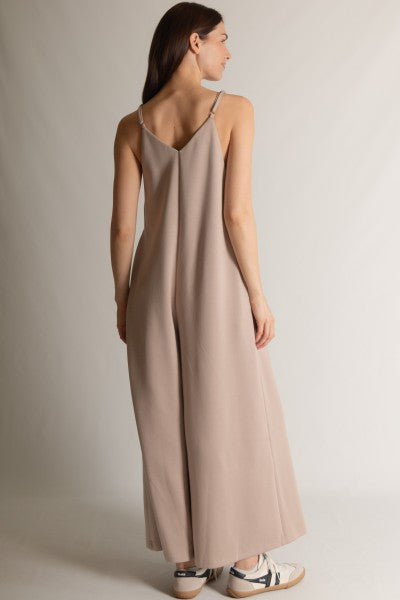 SCUBA MODAL WIDE LEG JUMPSUIT--TAUPE