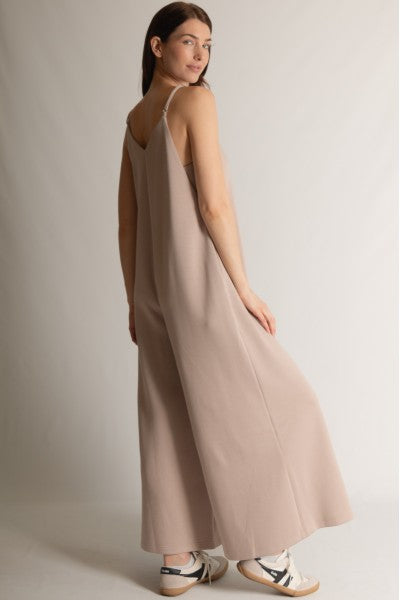 SCUBA MODAL WIDE LEG JUMPSUIT--TAUPE