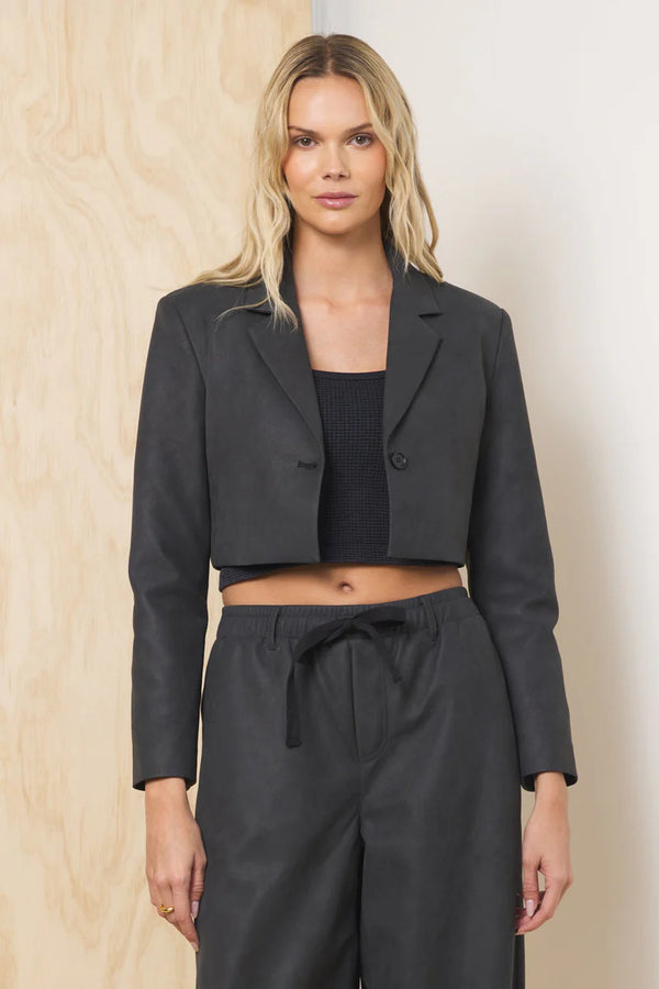 FAUX LEATHER CROPPED BLAZER--ASPHALT