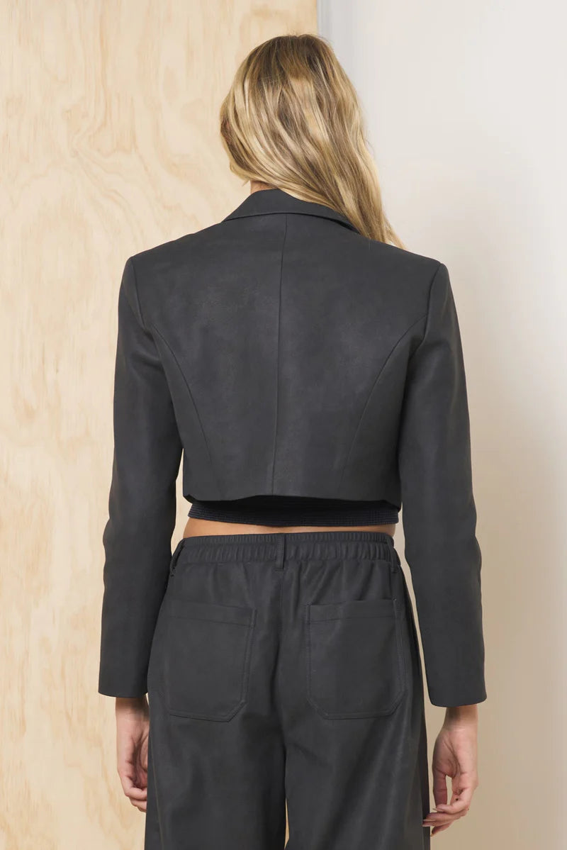 FAUX LEATHER CROPPED BLAZER--ASPHALT