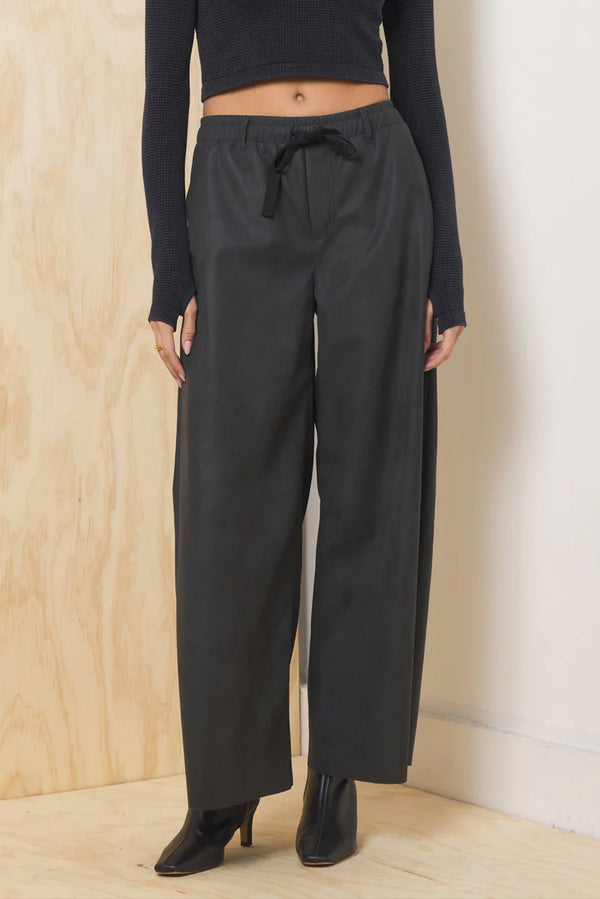 FAUX LEATHER WIDE LEG PANTS--ASPHALT