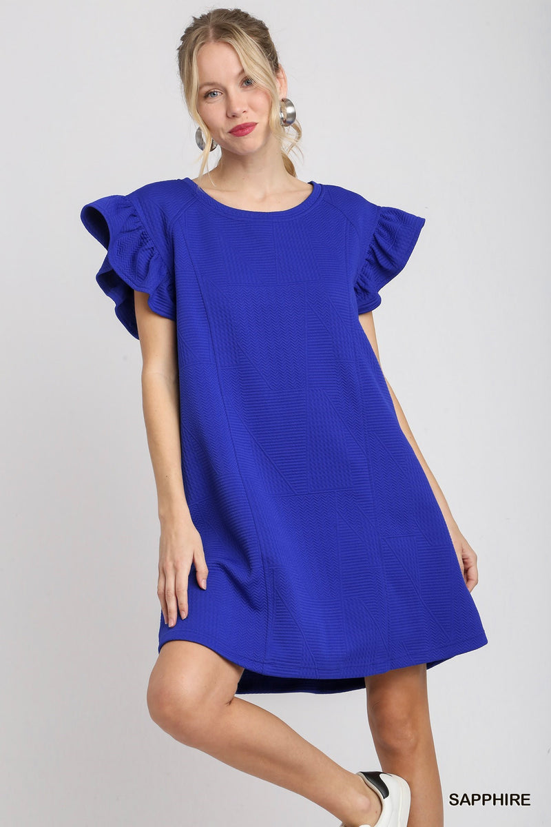 TEXTURED RUFFLE CAP SLEEVE DRESS--ROYAL BLUE