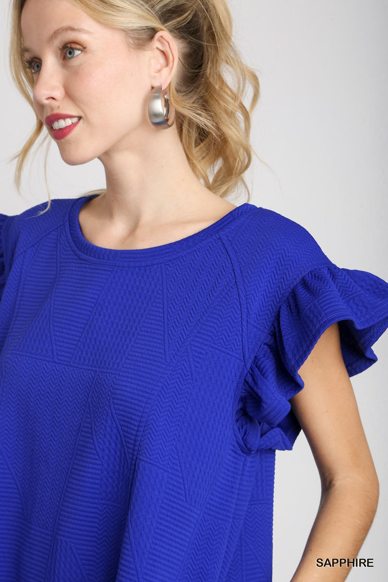 TEXTURED RUFFLE CAP SLEEVE DRESS--ROYAL BLUE