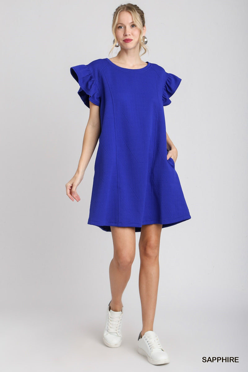 TEXTURED RUFFLE CAP SLEEVE DRESS--ROYAL BLUE