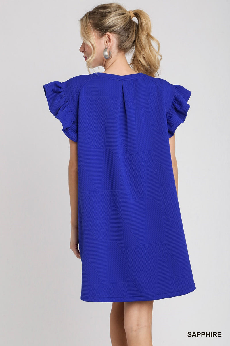 TEXTURED RUFFLE CAP SLEEVE DRESS--ROYAL BLUE